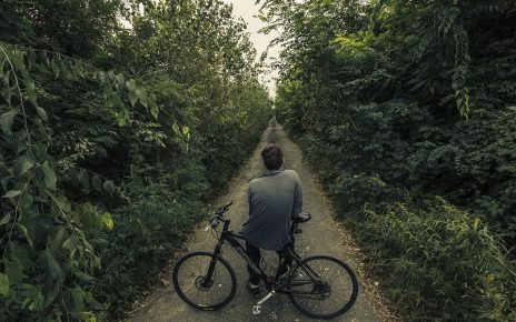 Mężczyzna siedzi na rowerze na ścieżce leśnej