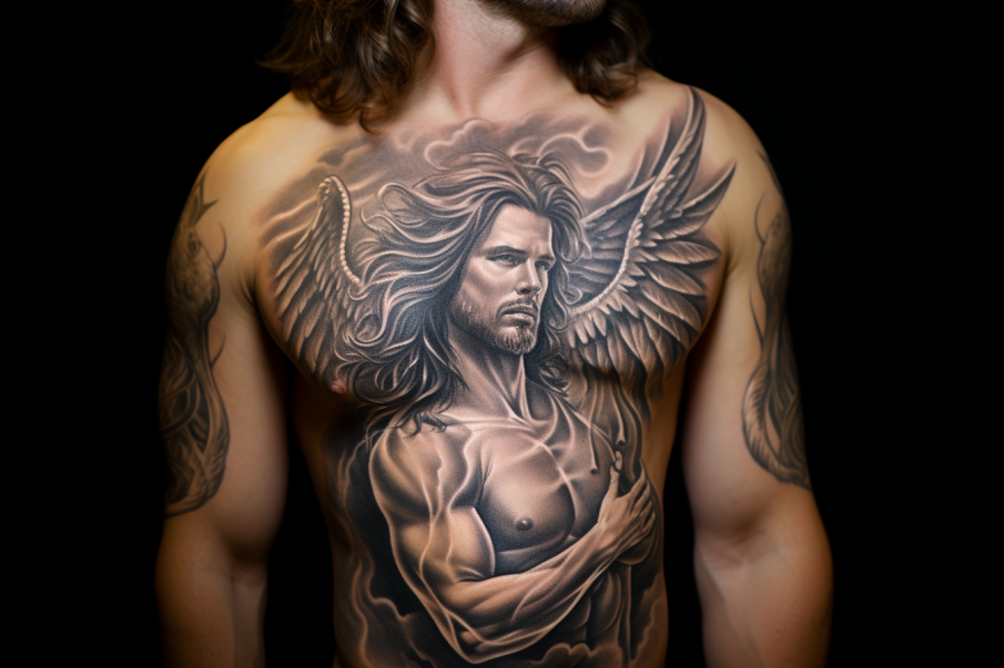 Artystyczny tatuaż przedstawiający Anioła Zwiastuna z rozpostartymi skrzydłami, trzymającego trąbę, symbolizujący radosną nowinę i boską obecność