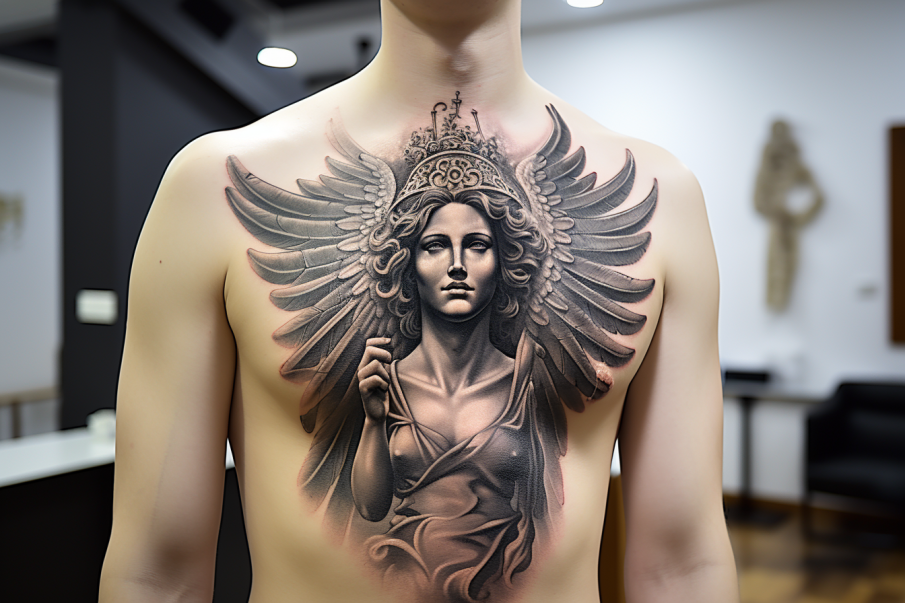 Szaro-czarny tatuaż Anioła Zwiastuna w stylu realizmu, z wyraźnymi detalami takimi jak pióra na skrzydłach i złożone dłonie w geście modlitwy