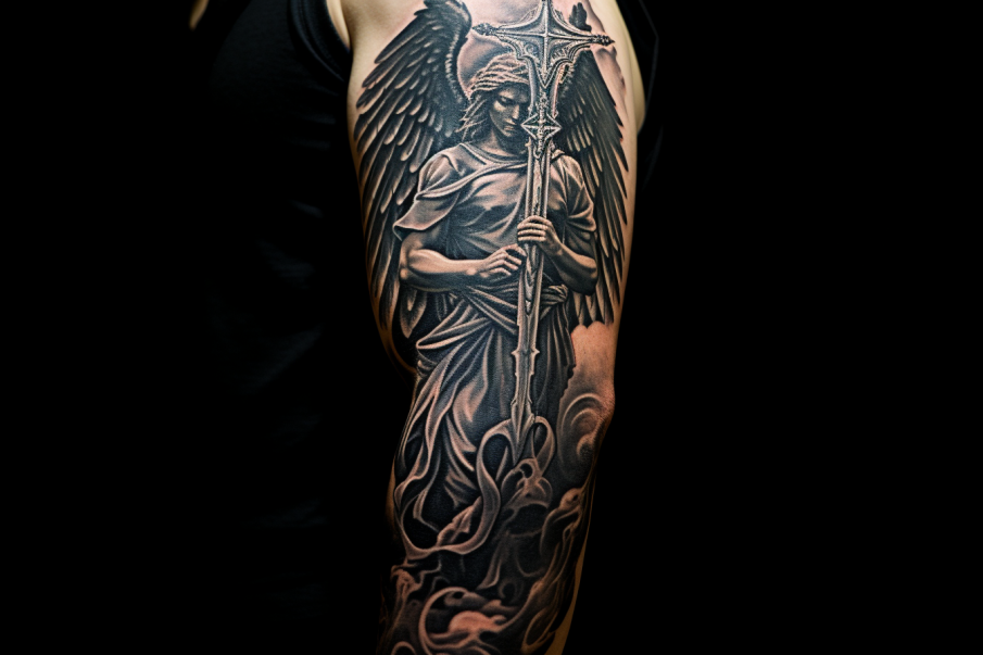 Kunsztowny tatuaż przedstawiający anioła wojownika z ostrym mieczem w dłoni, symbolizujący odwagę, sprawiedliwość i siłę duchową