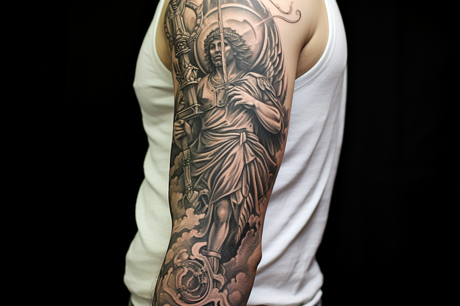 Abstrakcyjny tatuaż anioła z geometrycznymi kształtami i wyraźnie zarysowanym mieczem, łączący elementy sakralne z nowoczesnym designem