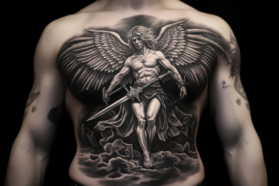 Złożony tatuaż przedstawiający anioła w dynamicznej pozie z mieczem skierowanym ku ziemi, co może być alegorią walki ze złem i ciemnością w życiu osoby noszącej tatuaż