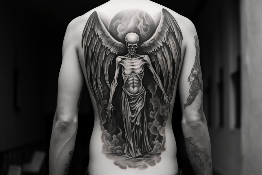 Czarno-biały tatuaż anioła śmierci na przedramieniu, z wyraźnie zarysowanymi skrzydłami i kosą, podkreślający równocześnie piękno i grozę duchowego strażnika granic życia i śmierci.