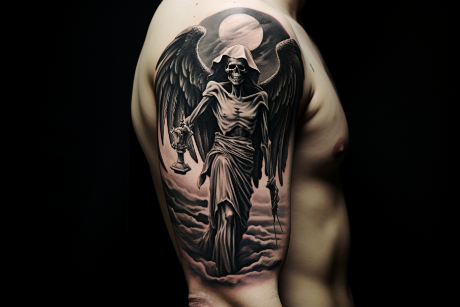 Kolorowy tatuaż przedstawiający anioła śmierci w walce z demonami, ukazujący dynamiczną scenę pełną ruchu i ekspresji, z akcentami czerwieni i niebieskiego, symbolizujący wieczną walkę dobra ze złem