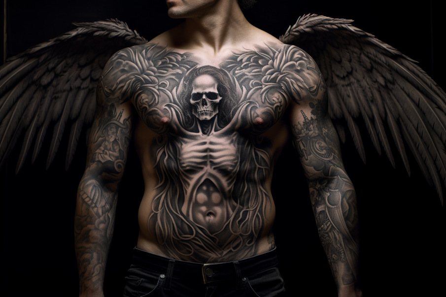 Zaawansowany technicznie tatuaż anioła śmierci na plecach, z różnorodnymi cieniowaniami i detalem, przedstawiający postać z kosą w jednej ręce i pióropuszem na głowie, jakby była gotowa do przewodnictwa duszom na drugą stronę