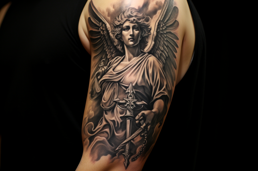 Ręcznie malowany tatuaż Anioła Zwiastuna, z nutą abstrakcji w tle, sugerujący głębokie duchowe i emocjonalne konotacje