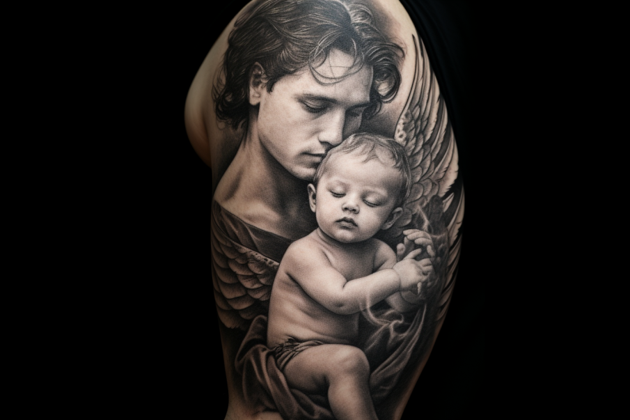 Minimalistyczny design tatuażu z aniołem-dzieckiem i tekstową notką, dodającą osobistego charakteru i emocji