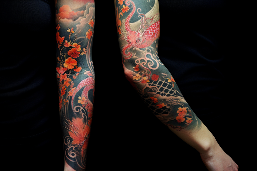 Tatuaż rękaw zrobiony w tematyce japońskiej