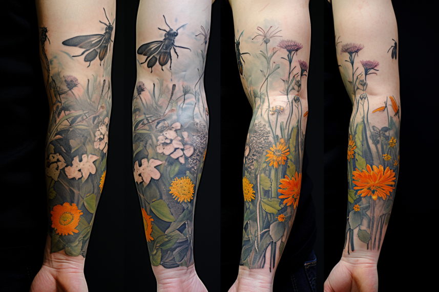 Tatuaż rękaw kwietny z owadami na ramieniu mężczyzny