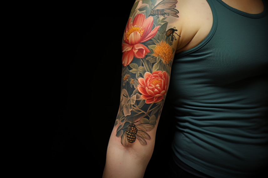 Tatuaż kolorowy przedstawia kwiaty