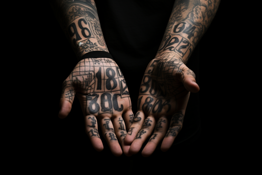 Tatuaż dłoni w formie cyfr wytatuowanych w stylu tribal