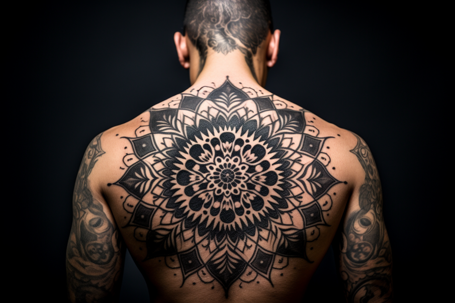 Zdjęcie przedstawia detalicznie wykonany tatuaż mandali na plecach mężczyzny. Każda linia i punkt zostały precyzyjnie naniesione, tworząc złudzenie trójwymiarowej przestrzeni. Styl dotworkowy daje efekt cieniowania i głębi, co dodaje tatuażowi niezwykłego charakteru
