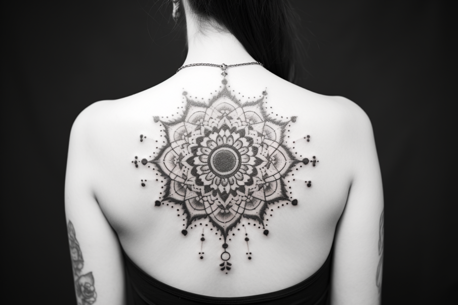 Zdjęcie ujawnia rozległy tatuaż mandali na plecach kobiety. Ciemne i jasne punkty splatają się, tworząc skomplikowane wzory i symbole. Dzięki technice dotwork, tatuaż wydaje się być niemal rzeźbiony w skórze