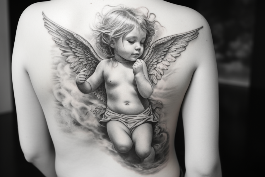 Kolorowy tatuaż anioła-dziecka z tęczą i chmurkami, jako wyraz optymizmu i pozytywnego spojrzenia na życie