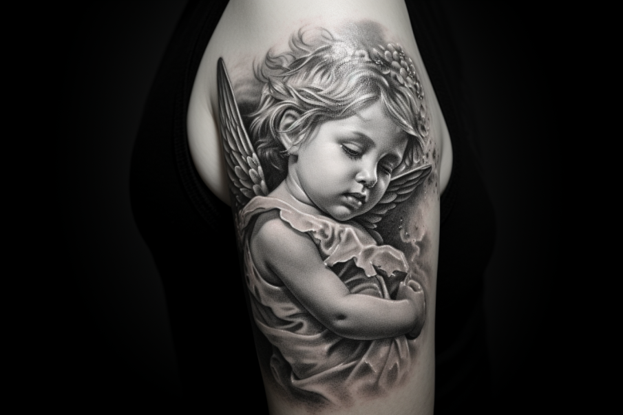 Realistyczny tatuaż anioła-dziecka z wyrazistymi oczami, który zdaje się wpatrywać w przyszłość z nadzieją i ciekawością