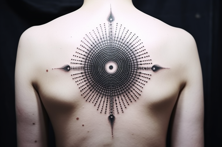 Bliski plan tatuażu fraktalnego na plecach, wykonanego techniką dotwork. Małe kropki i linie zbiegają się, tworząc geometryczny wzór, który jest zarówno prosty, jak i złożony. Z każdym spojrzeniem można dostrzec nowe detale, co sprawia, że jest to tatuaż, który nigdy się nie nudzi i zawsze intryguje