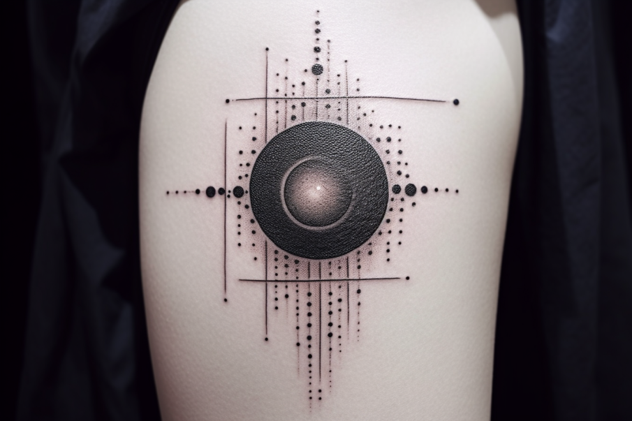 Imponujący tatuaż w stylu dotwork na przedramieniu, ilustrujący kompozycję planet, gwiazd i asteroid. Wyjątkowo precyzyjne umieszczenie kropek tworzy gradienty i tekstury, które nadają realistyczny wygląd wszystkim kosmicznym elementom, a jednocześnie stanowią estetyczną całość