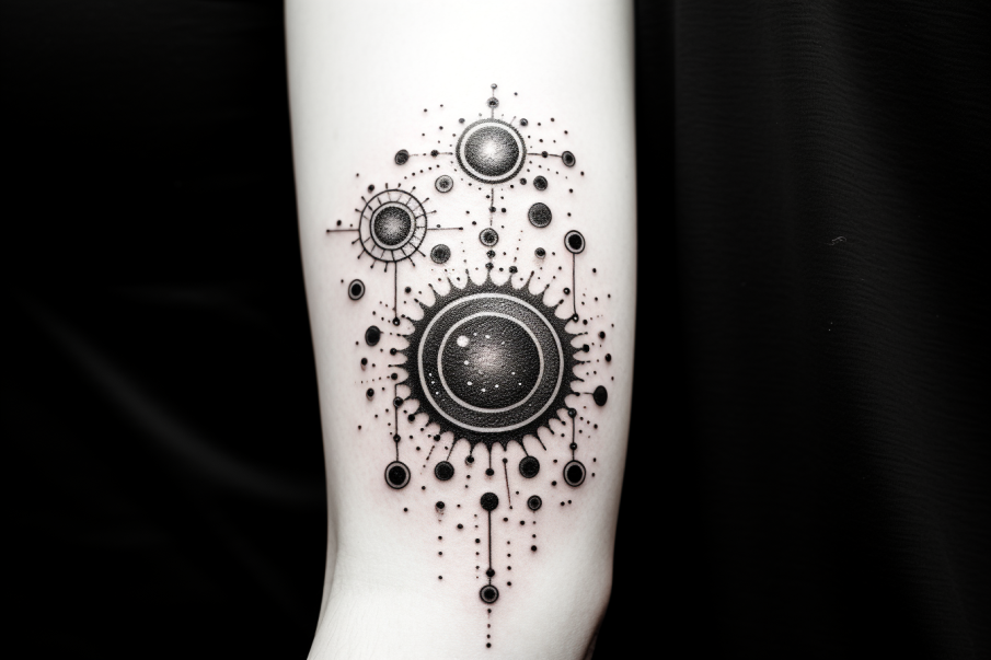 Wysokiej jakości tatuaż dotwork przedstawiający różne fazy Księżyca, ułożone w łuk wzdłuż linii ramienia. Czarne kropki delikatnie przechodzą w ciemniejsze obszary, tworząc efekt trójwymiarowości i głębi, który pięknie oddaje naturalne zjawiska zachodzące w kosmosie