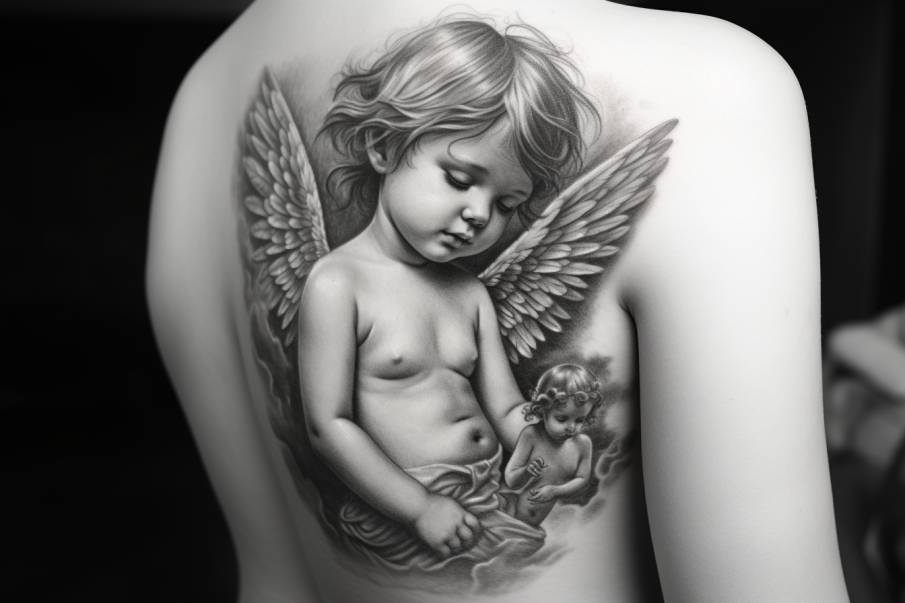 Czarno-biały tatuaż anioła-dziecka z łukiem i strzałą, symbolizujący miłość i nadzieję." "Kompozycja tatuażu z aniołem-dzieckiem i gwiazdami wokół, jako reprezentacja wsparcia i przewodnictwa z wyższych sfer