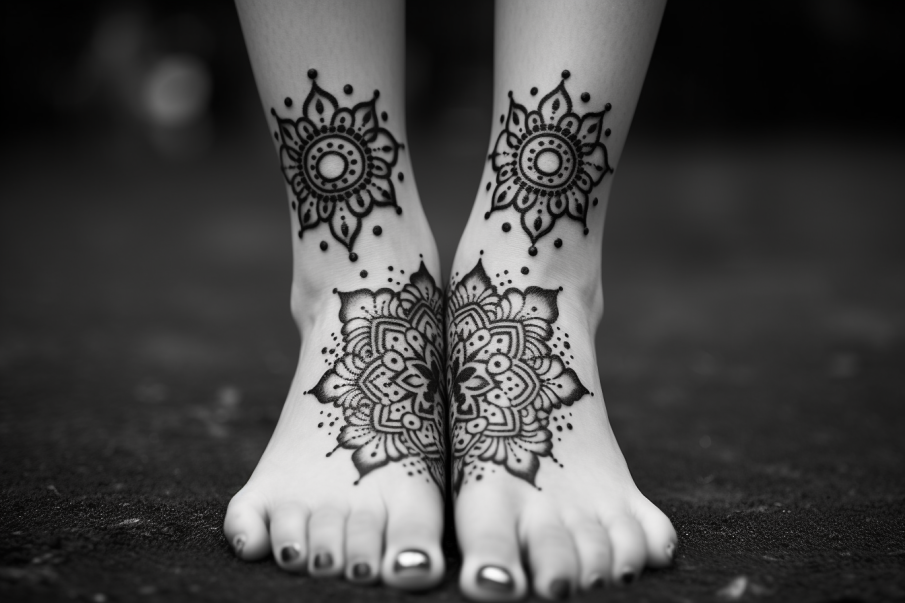 Zdjęcie czarno-białe, na którym widoczna jest stopa osoby z tatuażem mandali wykonanym techniką dotwork. Mandala charakteryzuje się intrygującym wzorem geometrycznym z dużą ilością drobnych detali. Elementy roślinne i geometryczne splatają się w złożoną kompozycję, tworząc efekt przypominający kalejdoskop
