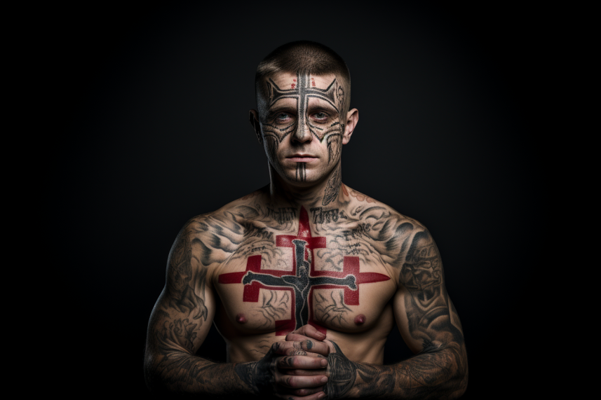 Tatuaż na klatce piersiowej w formie krzyża u więźnia