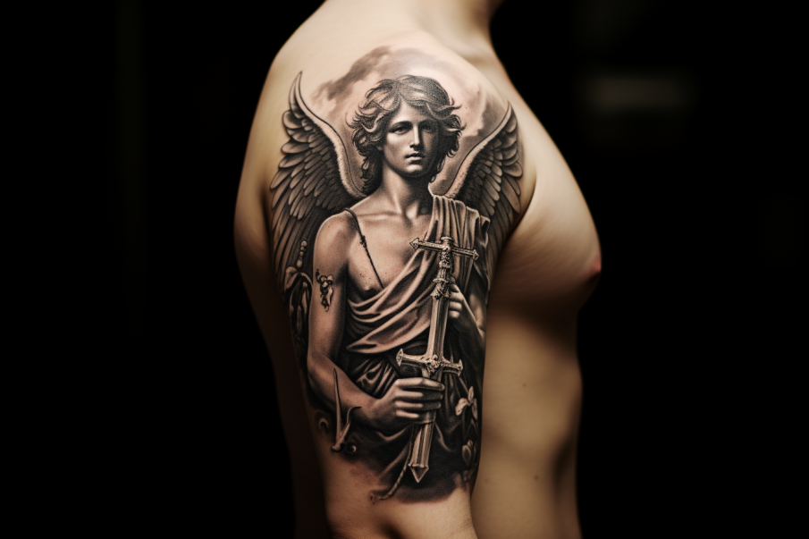 Realistyczny tatuaż z aniołem w zbroi, trzymającym dwa miecze, który jest hołdem dla tradycyjnych przedstawień archaniołów jako bohaterów i strażników