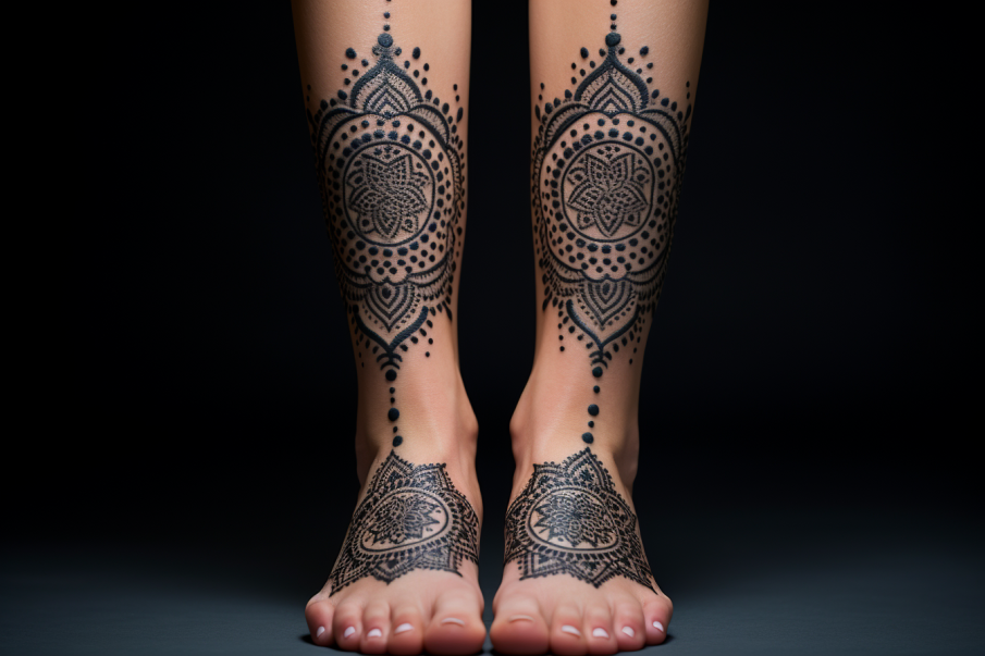 Kolorowe zdjęcie stopy z tatuażem mandali, umiejscowionej na jasnej poduszce. Tatuaż wykonany w technice dotwork prezentuje wyjątkową precyzję i staranność, z zastosowaniem różnych odcieni szarości. Kontrast między ciemnymi i jasnymi obszarami tatuażu podkreśla głębokość i trójwymiarowość wzoru