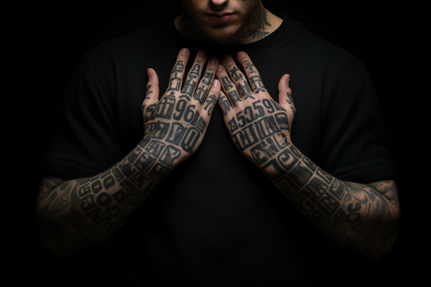 Tatuaż na dłoniach w kształcie liczb na dłoniach i całej długości ramion