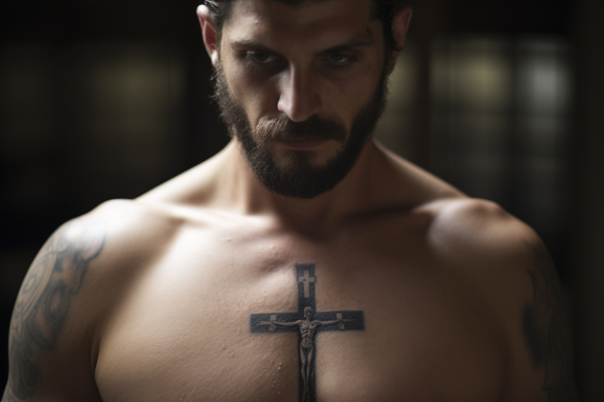 Tatuaż więzienny krzyż na klatce piersiowej mężczyzny