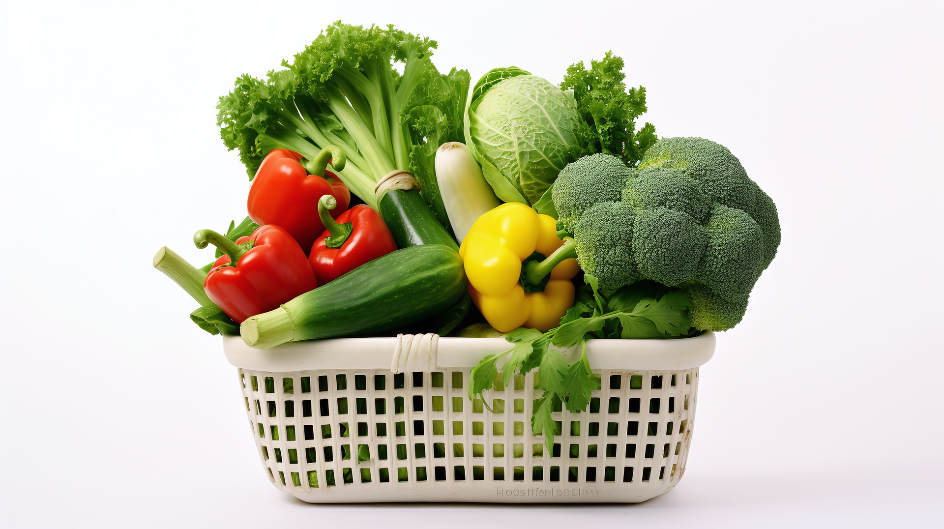 Biały koszyk zakupowy wypełniony kolorowymi warzywami, jako przykład diety wegetariańskiej