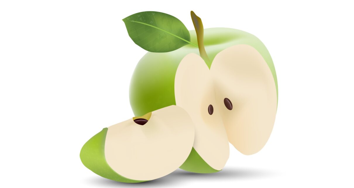 Na zdjęciu przedstawione jest soczyste, zielone jabłko, które idealnie nadaje się do zrobienia domowej szarlotki. Owoce są równe i gładkie, a białe tło podkreśla ich naturalne piękno, zachęcając do wykorzystania ich w kuchni.