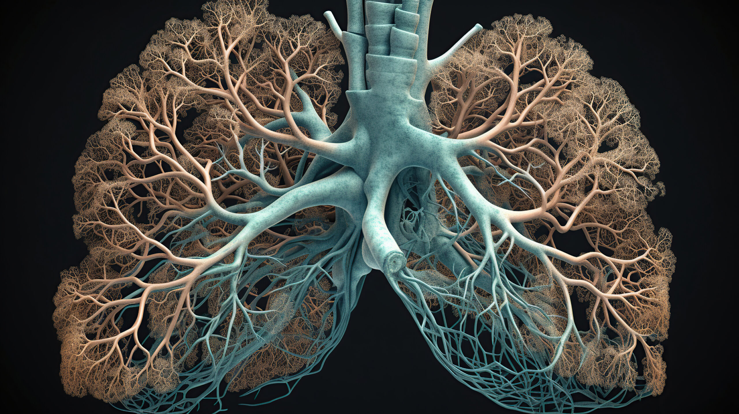 Na przedstawionej grafice układ oddechowy z płucami jest w pełnym wyglądzie. Płyny i struktury anatomiczne są jasno zaznaczone, ukazując drogi oddechowe, oskrzela i płuca. Kolorowa i szczegółowa ilustracja pomaga zrozumieć złożoną strukturę i funkcje układu oddechowego, dostarczając wizualnego wsparcia dla nauki i edukacji w dziedzinie anatomii i fizjologii oddechowej.