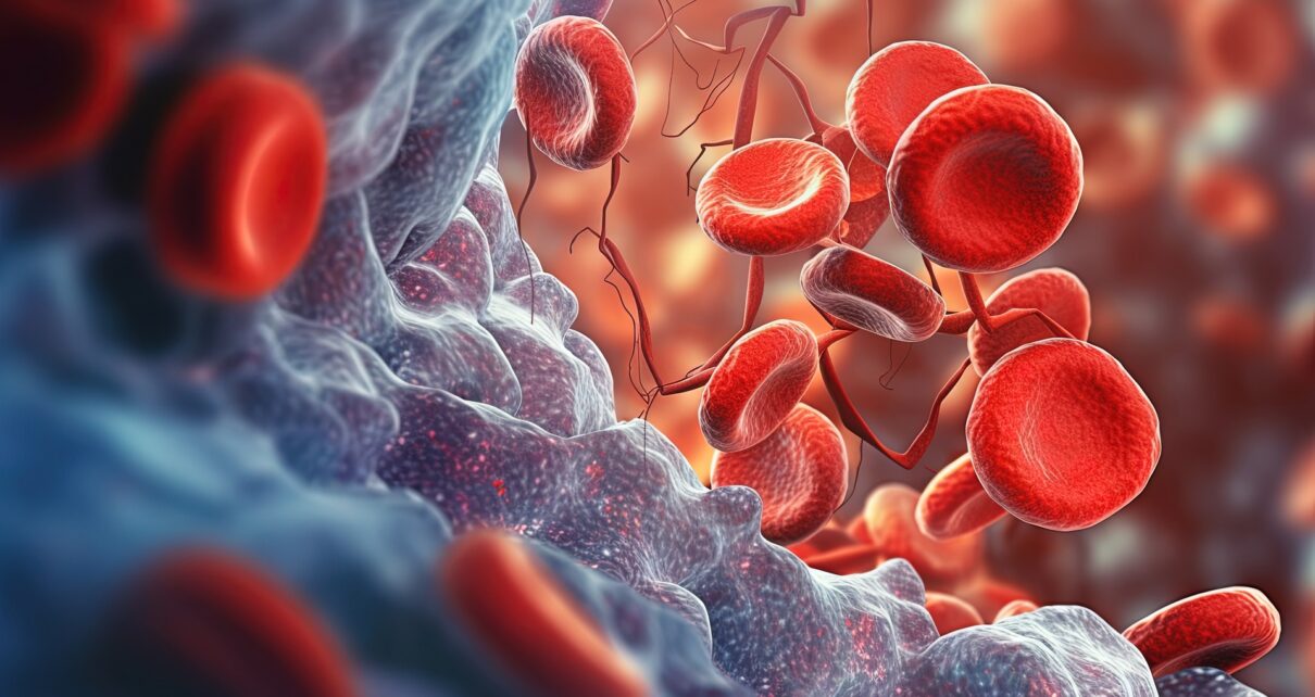 Zdjęcie przedstawia grafikę cząsteczek krwi. Widoczne są czerwone krwinki, białe krwinki i płytki krwi, tworzące złożoną strukturę. Widać, że cząsteczki są ułożone w taki sposób, aby tworzyć żywą tkankę, która pełni kluczową rolę w organizmie. Obrazek ten ma na celu pokazanie, jak skomplikowaną i fascynującą strukturę ma krew, która jest niezbędna dla życia każdego organizmu. Obecność grafiki na zdjęciu podkreśla związek między nauką a medycyną, co czyni ten obrazek idealnym do wykorzystania w artykułach czy publikacjach związanych z tematyką biologiczną i medyczną.