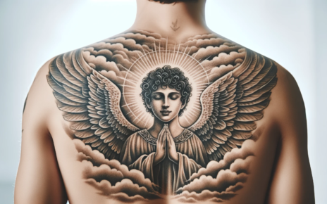 Na plecach osoby widnieje misternie wykonany tatuaż przedstawiający anioła z rozłożonymi skrzydłami, z rękami złożonymi do modlitwy, otoczony przez nimbus i chmury