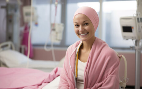 Na tym obrazku widzimy kobietę podczas sesji chemioterapii. Siedzi ona w specjalnie przygotowanym miejscu, otoczona przez personel medyczny, który dba o jej komfort i bezpieczeństwo. Wzrok pełen determinacji i nadziei na twarzy pacjentki ukazuje jej siłę i wytrwałość w walce z chorobą