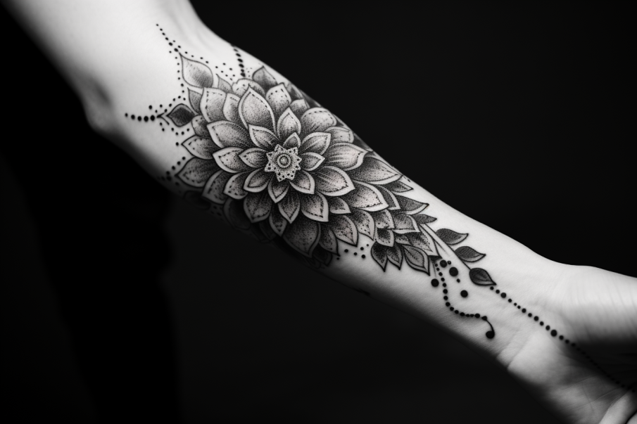 Tatuaż dotwork na przedramieniu młodej kobiety wykonany w perfekcyjnym stylu