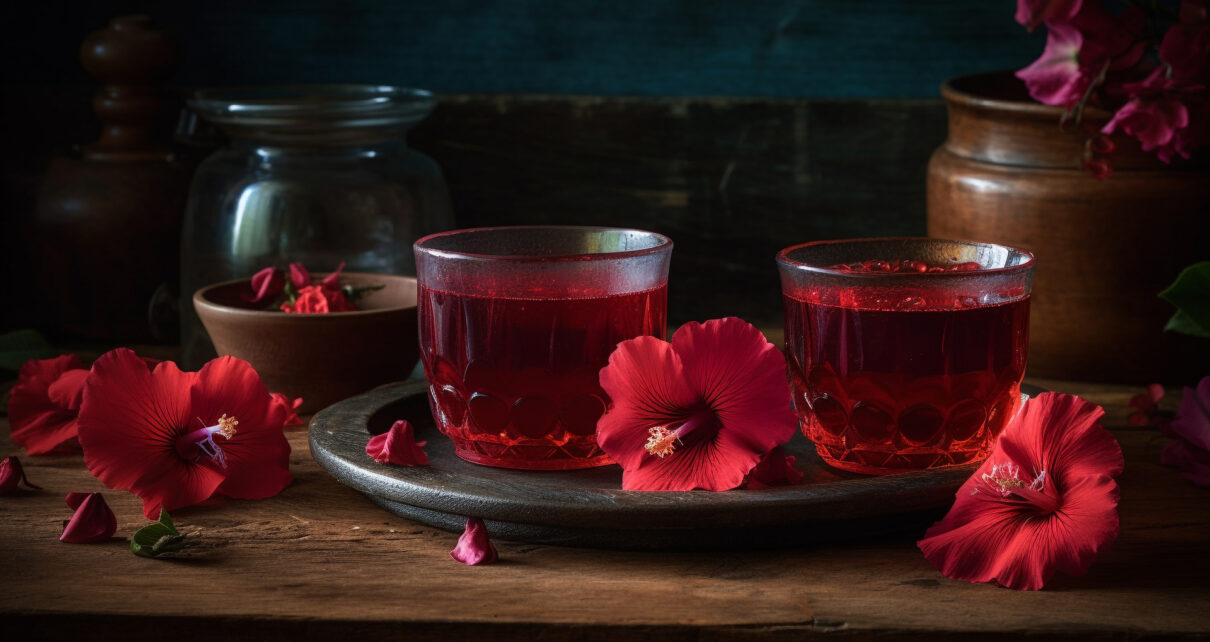 Na obrazku możemy zobaczyć szklanki wypełnione orzeźwiającymi sokami z hibiskusa. Intensywny, rubinowy kolor napojów przyciąga uwagę i obiecuje niezapomniane doznania smakowe. Świeże kwiaty hibiskusa jako dekoracja dodają elegancji i podkreślają egzotyczny charakter tych aromatycznych napojów