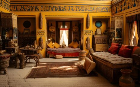 Na obrazku można podziwiać przepiękny pokój urządzony w stylu indyjskim, który wzbudza zachwyt dzięki bogactwu wzorów, kolorów i egzotycznemu charakterowi. Wnętrze jest ozdobione ręcznie malowanymi tapetami, intensywnymi tkaninami z misternymi haftami oraz metalowymi elementami, które nadają mu niepowtarzalny orientalny urok. Wygodne poduchy, nisko położone meble i egzotyczne dodatki tworzą atmosferę relaksu i zapraszają do podziwiania piękna i bogactwa indyjskiego stylu