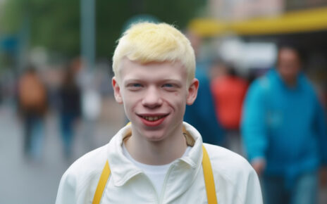 Uśmiechnięty chłopak z albinizmem na ulicy