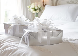 Zapakowane prezenty ślubne ułożone na łóżku
