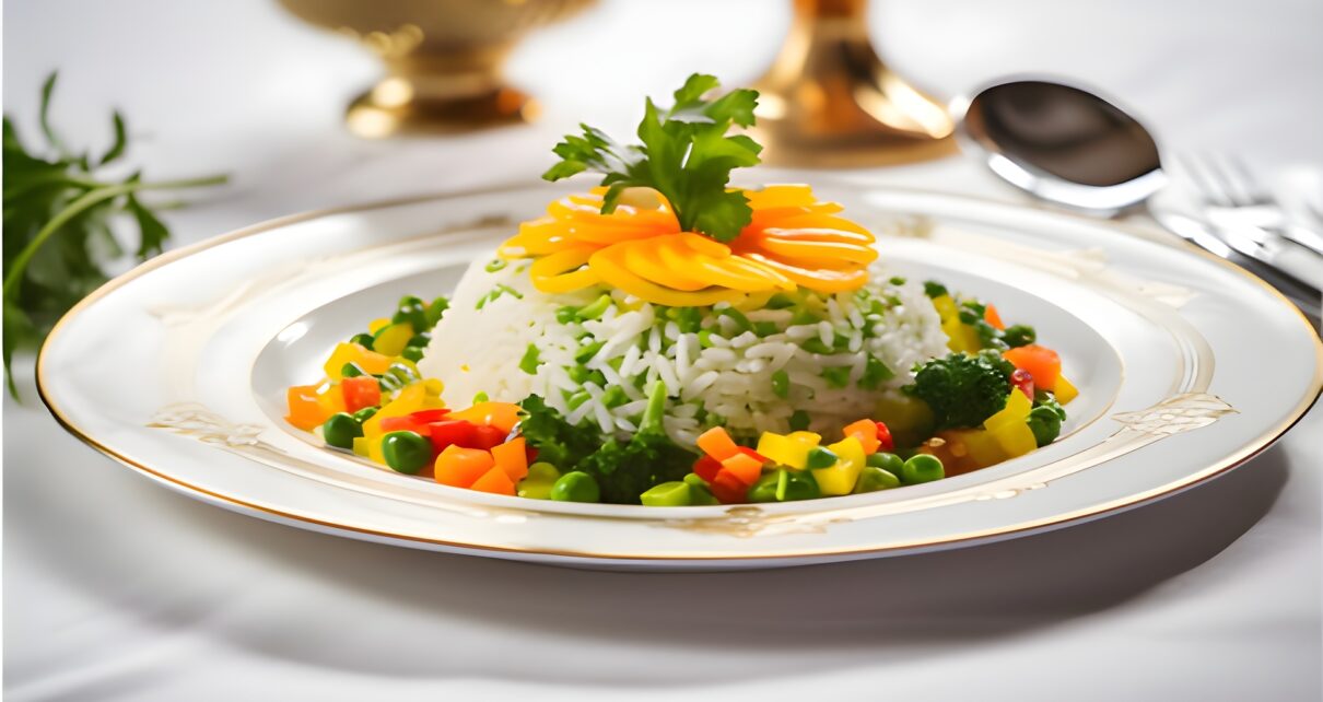 Obiad wegetariański na talerzu z ryżem i warzywami