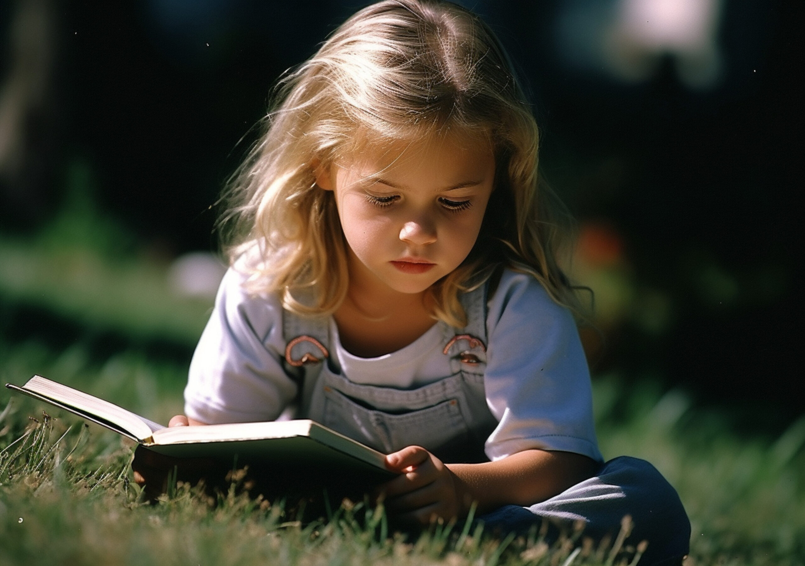 Dziewczynka z książką na trawie ucząca się czytać ze zrozumieniem